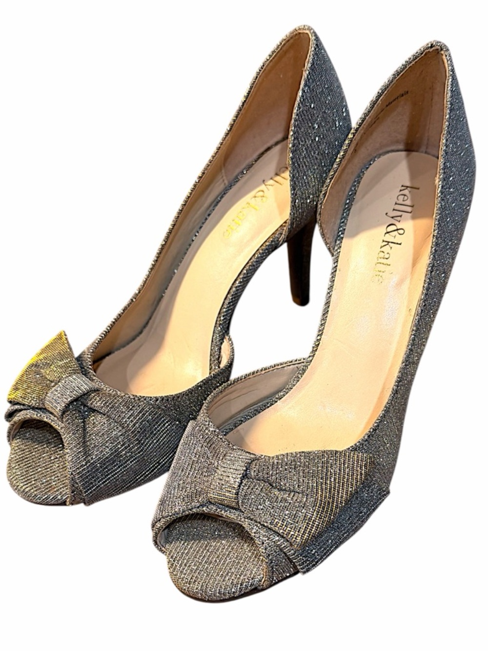 Kelly & Katie Champagne Glitter Peep-Toe Heels w/ Bow Glitter Formal Prom Size 6